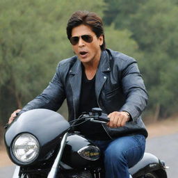 Sharukh Khan, donning a humorous expression, nonchalantly riding a Hayabusa