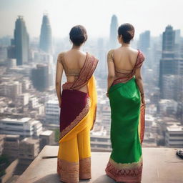 A high-quality photograph showcasing two girls in backless sarees standing on a rooftop