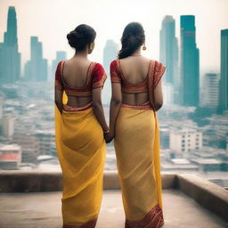 A high-quality photograph showcasing two girls in backless sarees standing on a rooftop