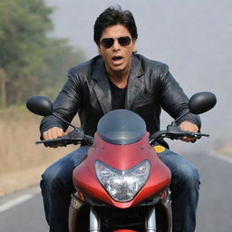 Sharukh Khan, donning a humorous expression, nonchalantly riding a Hayabusa