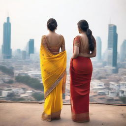 A high-quality photograph showcasing two girls in backless sarees standing on a rooftop