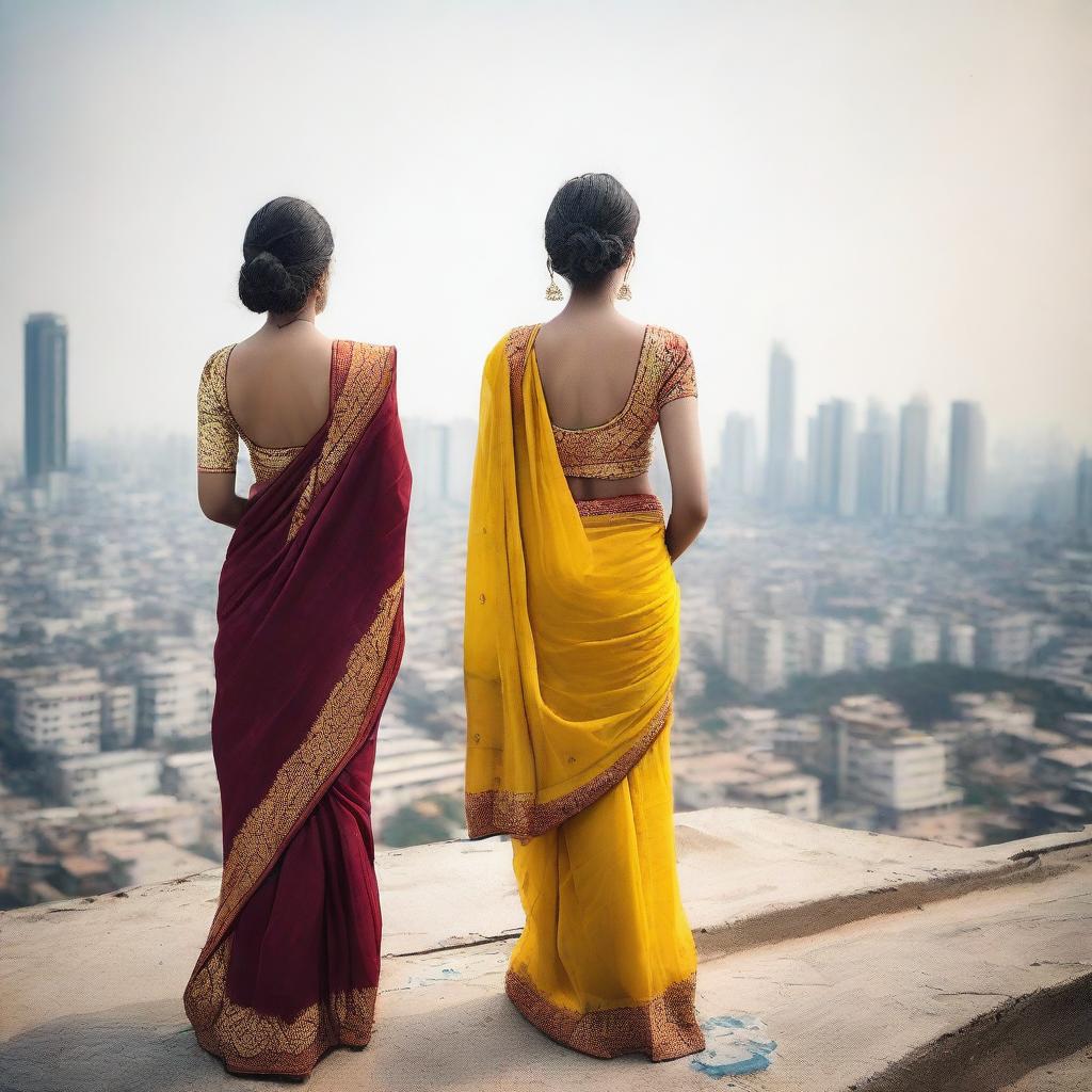 A high-quality photograph showcasing two girls in backless sarees standing on a rooftop