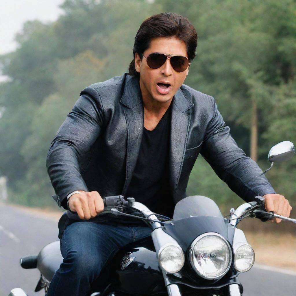 Sharukh Khan, donning a humorous expression, nonchalantly riding a Hayabusa