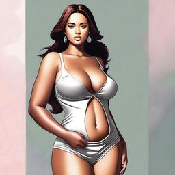 A high-quality digital art depicting a young woman with a voluptuous figure, standing confidently