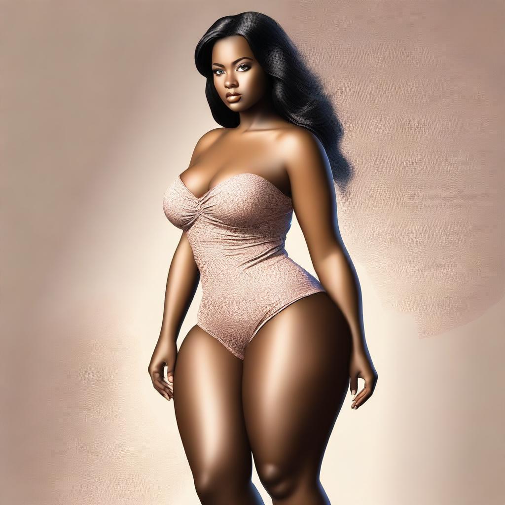 A high-quality digital art depicting a young woman with a voluptuous figure, standing confidently