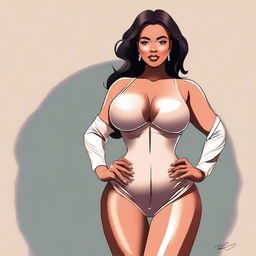 A high-quality digital art depicting a young woman with a voluptuous figure, standing confidently