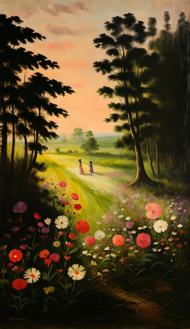 Impressionist fine art painting of a summer nature landscape with long grass, wildflowers, figures in 1800s attire and trees on the horizon line, all depicted with blurred brushstrokes and bathed in painted light.