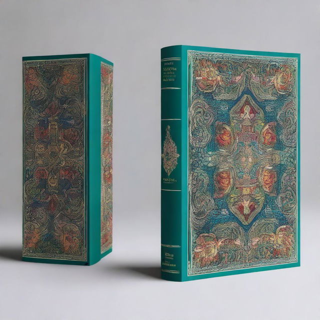 A high-quality, digital art image of a book cover, showcasing intricate details on both the front and back along with a visible spine