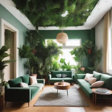 The living room had a comate feel with lush green plants adorning the walls and ceiling.