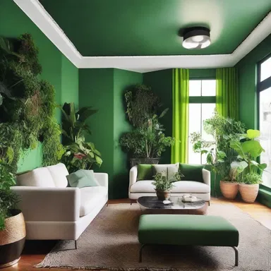 The living room had a comate feel with lush green plants adorning the walls and ceiling.