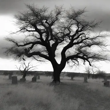 The abandoned graveyard was shrouded in darkness, and the only sound was the eerie rustling of capulin branches in the wind.