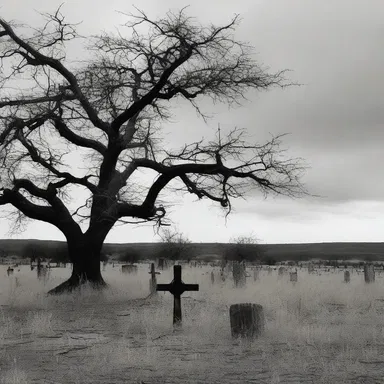 The abandoned graveyard was shrouded in darkness, and the only sound was the eerie rustling of capulin branches in the wind.