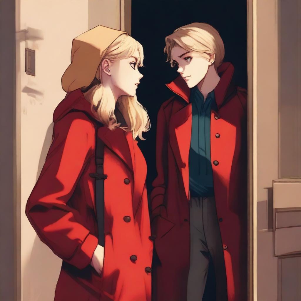 A highest quality digital art image featuring a young, 19-year-old girl with blonde hair and a vibrant red hoodie, cautiously opening a door