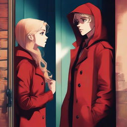 A highest quality digital art image featuring a young, 19-year-old girl with blonde hair and a vibrant red hoodie, cautiously opening a door