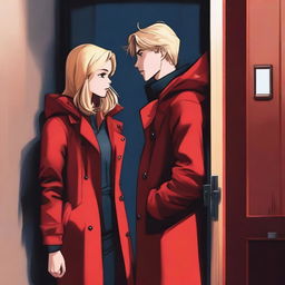 A highest quality digital art image featuring a young, 19-year-old girl with blonde hair and a vibrant red hoodie, cautiously opening a door