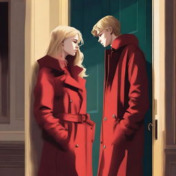 A highest quality digital art image featuring a young, 19-year-old girl with blonde hair and a vibrant red hoodie, cautiously opening a door