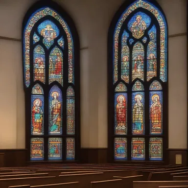 The stained glass windows in the church were made with refractive glass, casting a colorful spectrum of light onto the worshipers inside.