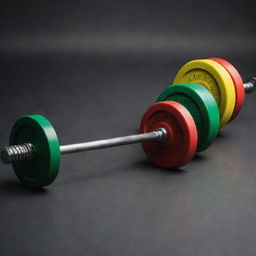 A sleek, metallic barbell adorned with vibrant weight plates: yellow, green, and red, stacked in an aesthetically pleasing manner.