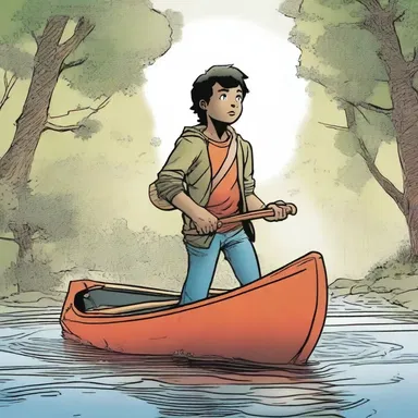 In the latest issue of the superhero comic series, the protagonist travels down a river in a canoe.