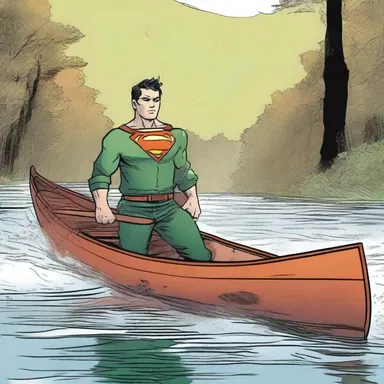 In the latest issue of the superhero comic series, the protagonist travels down a river in a canoe.