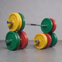 A sleek, metallic barbell adorned with vibrant weight plates: yellow, green, and red, stacked in an aesthetically pleasing manner.