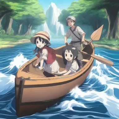 In the anime series, the adventurous characters embark on a thrilling quest, journeying through treacherous waters in a canoe.