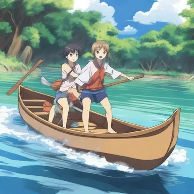 In the anime series, the adventurous characters embark on a thrilling quest, journeying through treacherous waters in a canoe.