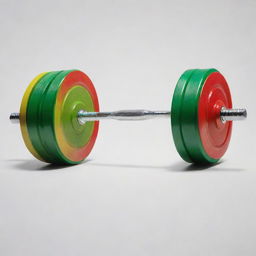 A sleek, metallic barbell adorned with vibrant weight plates: yellow, green, and red, stacked in an aesthetically pleasing manner.