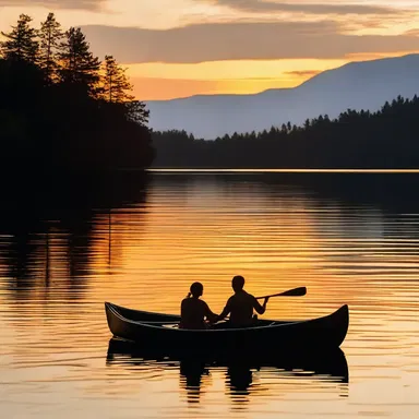As the sun set, the couple enjoyed a romantic evening paddling slowly in their canoe on the calm lake.