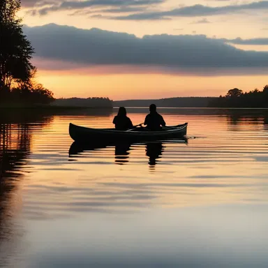 As the sun set, the couple enjoyed a romantic evening paddling slowly in their canoe on the calm lake.