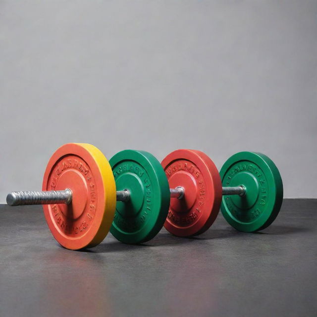 A sleek, metallic barbell adorned with vibrant weight plates: yellow, green, and red, stacked in an aesthetically pleasing manner.