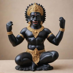 A cheerful statue of Hanuman, crafted from smooth, polished black stone. It has fine detailing to characterize radiant happiness.