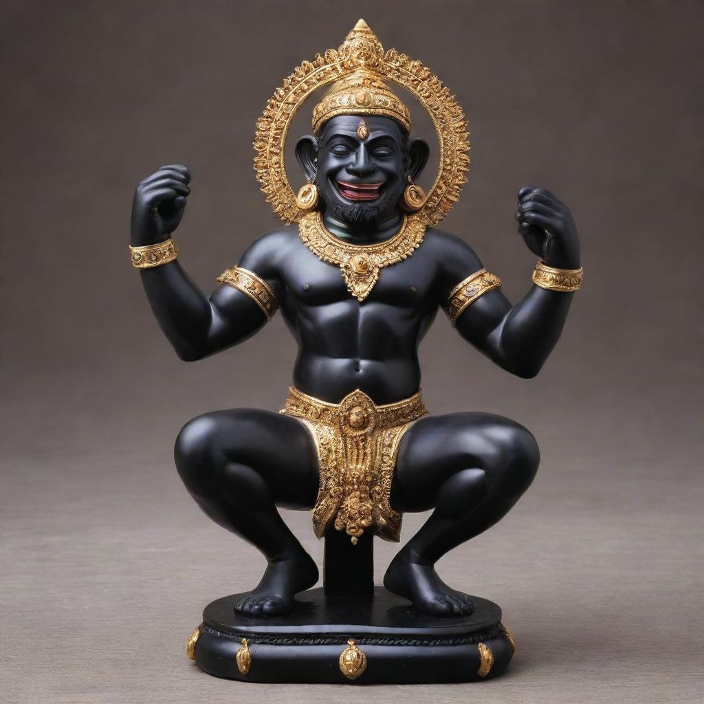 A cheerful statue of Hanuman, crafted from smooth, polished black stone. It has fine detailing to characterize radiant happiness.