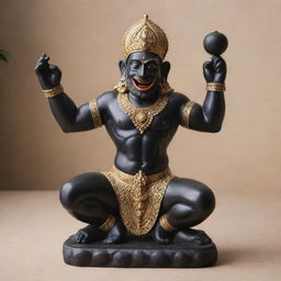 A cheerful statue of Hanuman, crafted from smooth, polished black stone. It has fine detailing to characterize radiant happiness.