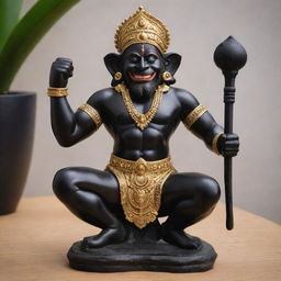 A cheerful statue of Hanuman, crafted from smooth, polished black stone. It has fine detailing to characterize radiant happiness.