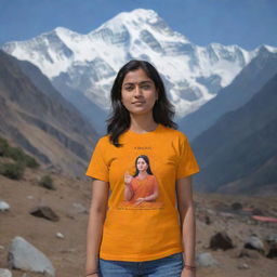 Generate a 3D image of a woman, named Aparna with 'Aparna' inscribed on her saffron t-shirt, praying to Lord Rama amidst the serene backdrop of the Himalayas.