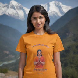 Generate a 3D image of a woman, named Aparna with 'Aparna' inscribed on her saffron t-shirt, praying to Lord Rama amidst the serene backdrop of the Himalayas.