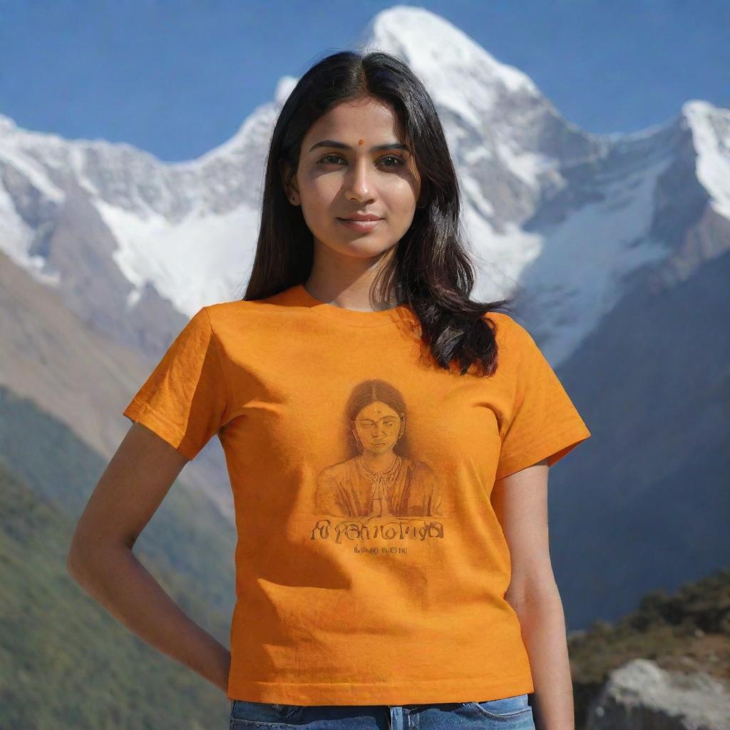 Generate a 3D image of a woman, named Aparna with 'Aparna' inscribed on her saffron t-shirt, praying to Lord Rama amidst the serene backdrop of the Himalayas.