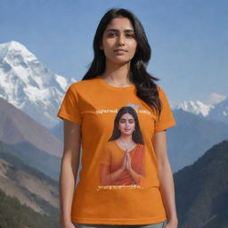 Generate a 3D image of a woman, named Aparna with 'Aparna' inscribed on her saffron t-shirt, praying to Lord Rama amidst the serene backdrop of the Himalayas.