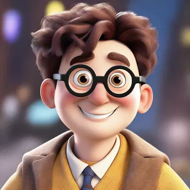 The animated character's round spectacles added a touch of quirkiness to his overall appearance.