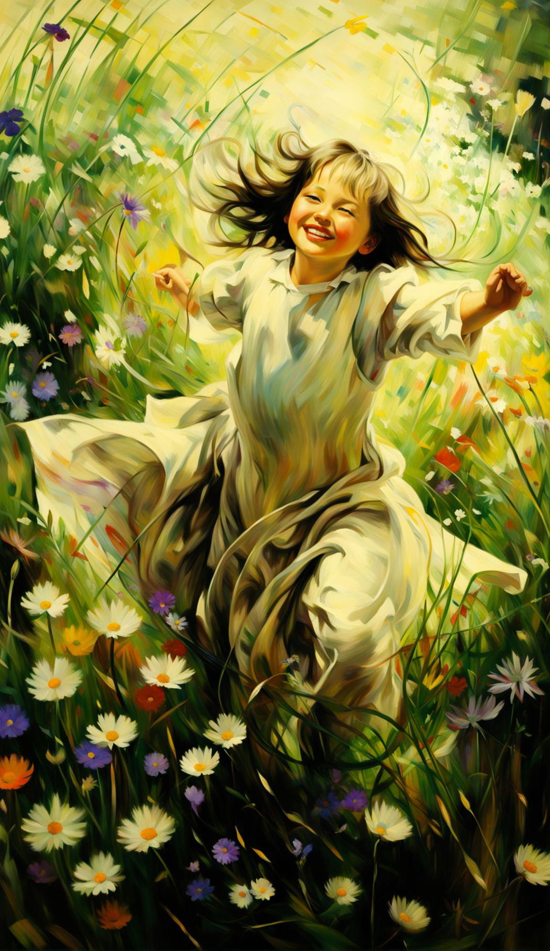 Ultra-detailed impressionist fine art painting of a 4-year-old girl joyfully spinning in a field of long grass and small wildflowers in 1800s England, all depicted with blurred brushstrokes in a museum art gallery style.