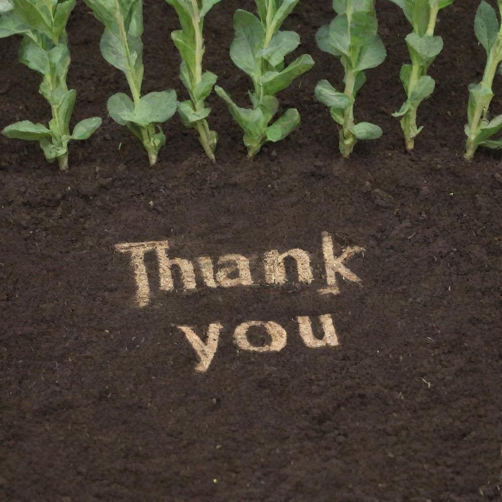 The phrase 'Thank You' elegantly etched onto a patch of rich, fertile agricultural soil.