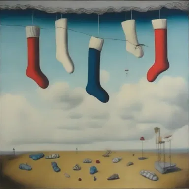 The painting depicted a surreal scene with floating socks, representing a sense of disconnection and lost identity.