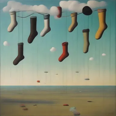 The painting depicted a surreal scene with floating socks, representing a sense of disconnection and lost identity.