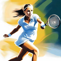 A high-quality digital art image portrays a teenage girl playing tennis