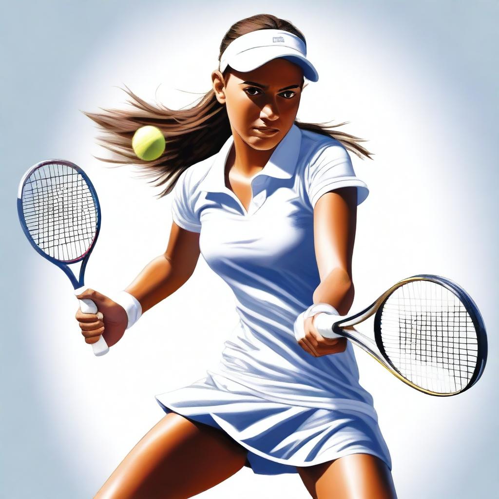 A high-quality digital art image portrays a teenage girl playing tennis