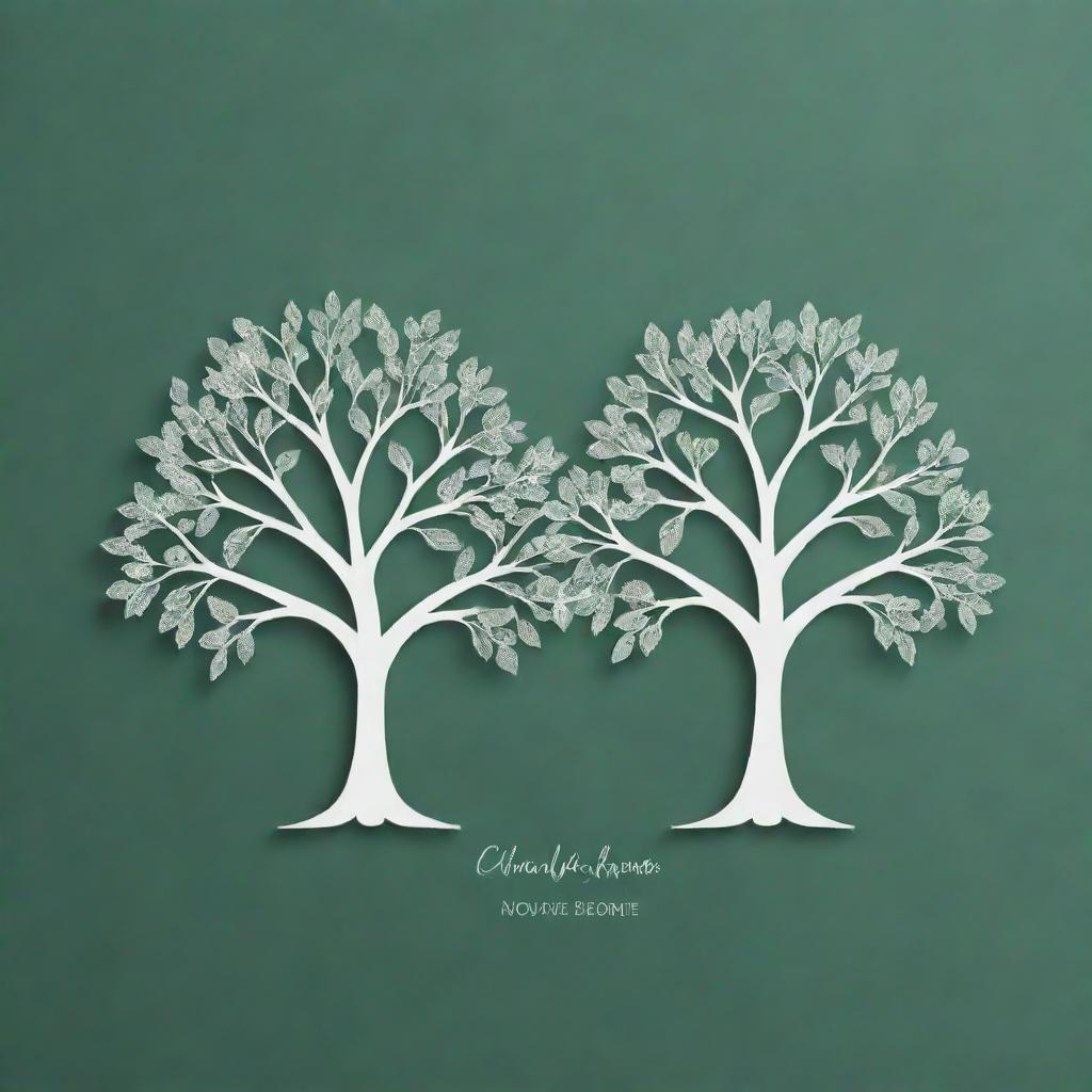 Create a green and white negative space logo consisting of two identical trees side by side, where the negative space formed by the tree branches constructs a floral pattern in the background.