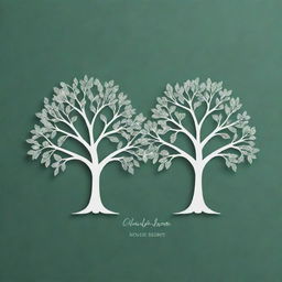 Create a green and white negative space logo consisting of two identical trees side by side, where the negative space formed by the tree branches constructs a floral pattern in the background.