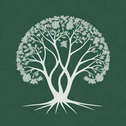 Create a green and white negative space logo consisting of two identical trees side by side, where the negative space formed by the tree branches constructs a floral pattern in the background.