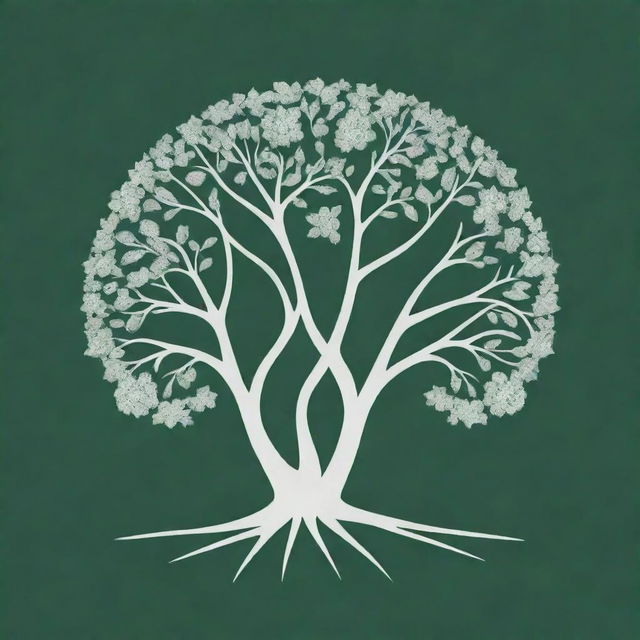 Create a green and white negative space logo consisting of two identical trees side by side, where the negative space formed by the tree branches constructs a floral pattern in the background.